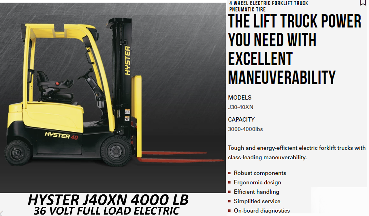 J40-XN HYSTER 36 VOLT 4000 LB ELECTRIC FORKLIFT 2500 HRs LOADED OPTIONS C/W 220-240 VOLT 1 PHASE FULLY AUTOMATED 140 AMP CHARGER