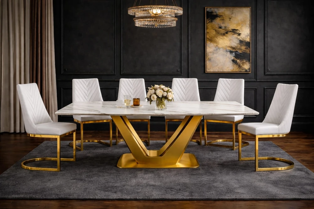 Modern Luxury Marble Dining Table with Gold Base – Elegant White Chairs Set for