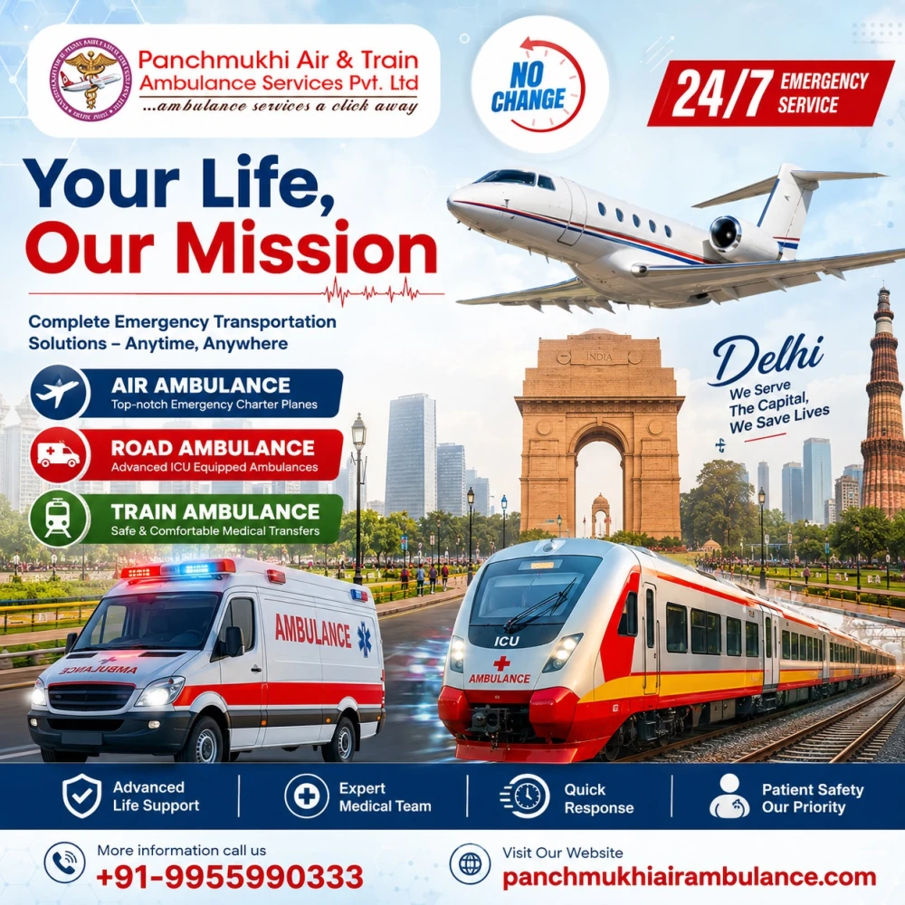 Panchmukhi Air Ambulance Service in Delhi with ICU Setup and Critical Care Speci