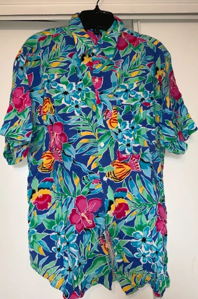 Colourful short-sleeved button-up shirt (men’s size medium)
