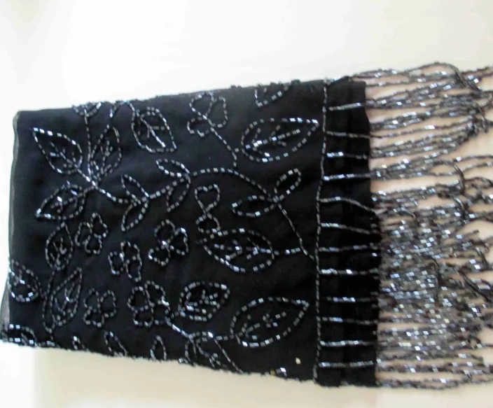 Woman’s Silk Beaded Black Scarf T111