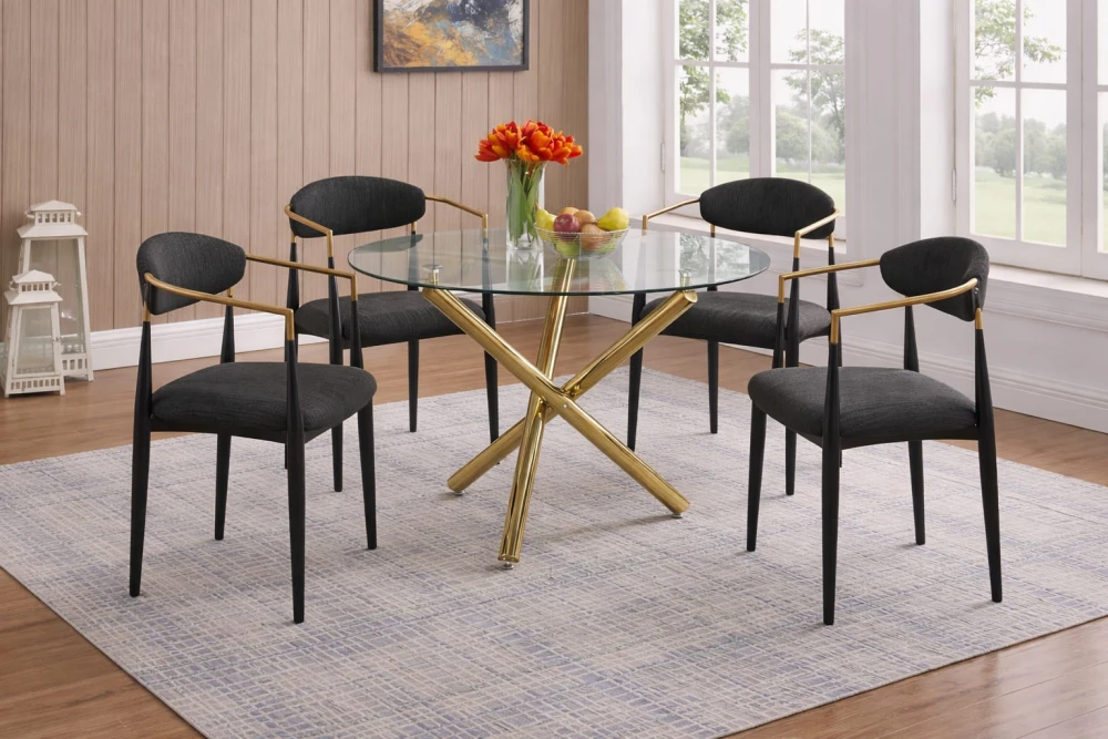 Modern Glass Dining Table Set for 4 – Gold Metal Base & Black Chairs – Perfect for Condos in Toronto
