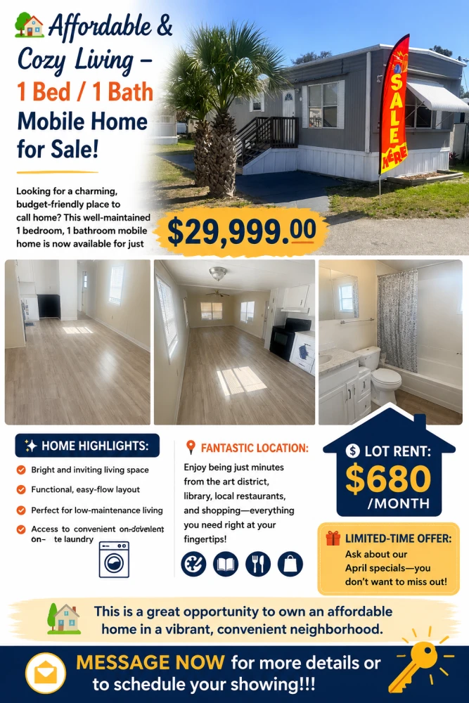 Affordable  Cozy Living  1 Bed  1 Bath Mobile Home for Sale