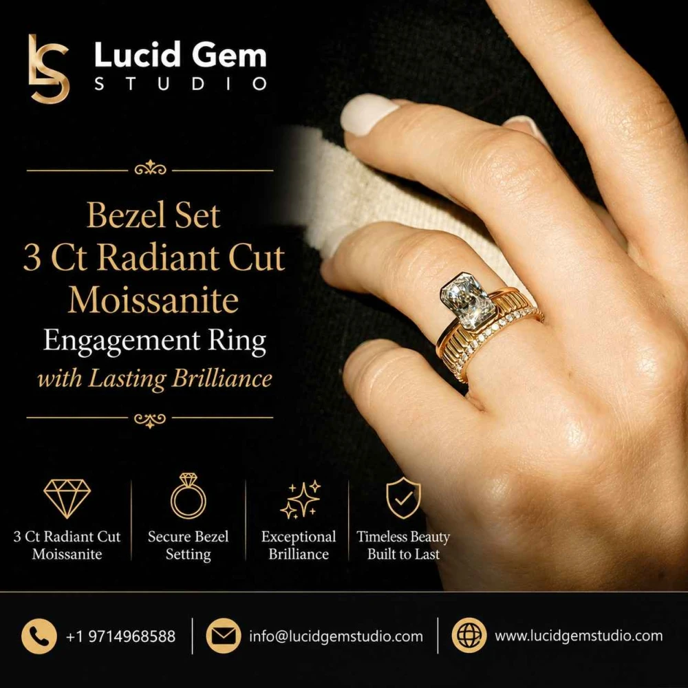 Bezel Set 3 Ct Radiant Cut Moissanite Engagement Ring with Lasting Brilliance
