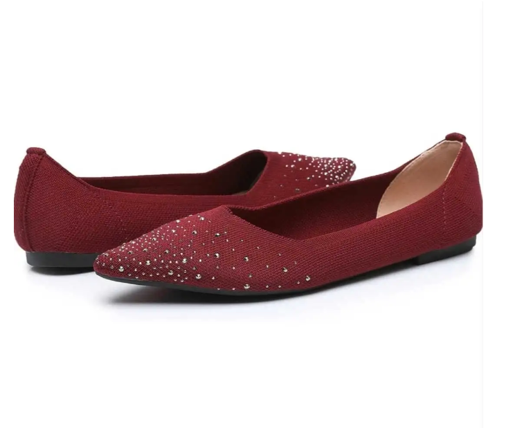 VenusCelia Rhinestone Flats, Wine Knit Pointed Toe Slip-On
